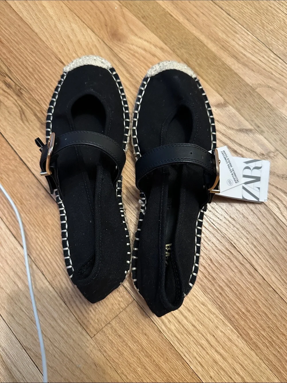 Zara Black Canvas Espadrille Mary Jane Flats with Buckle